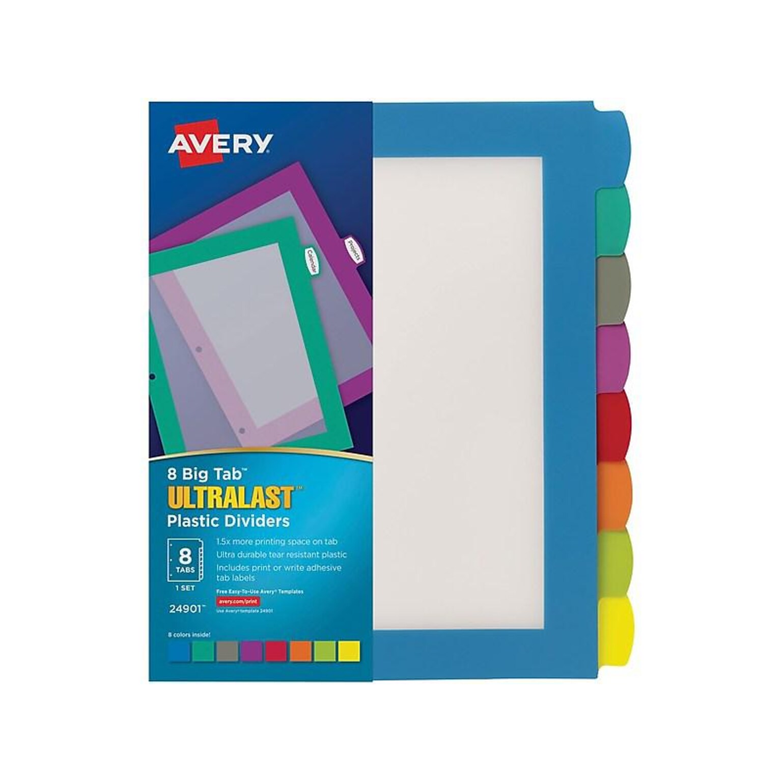 Avery Big Tab Ultralast Plastic Dividers with White Tab Labels, 8 Tabs, Multicolor (24901)
