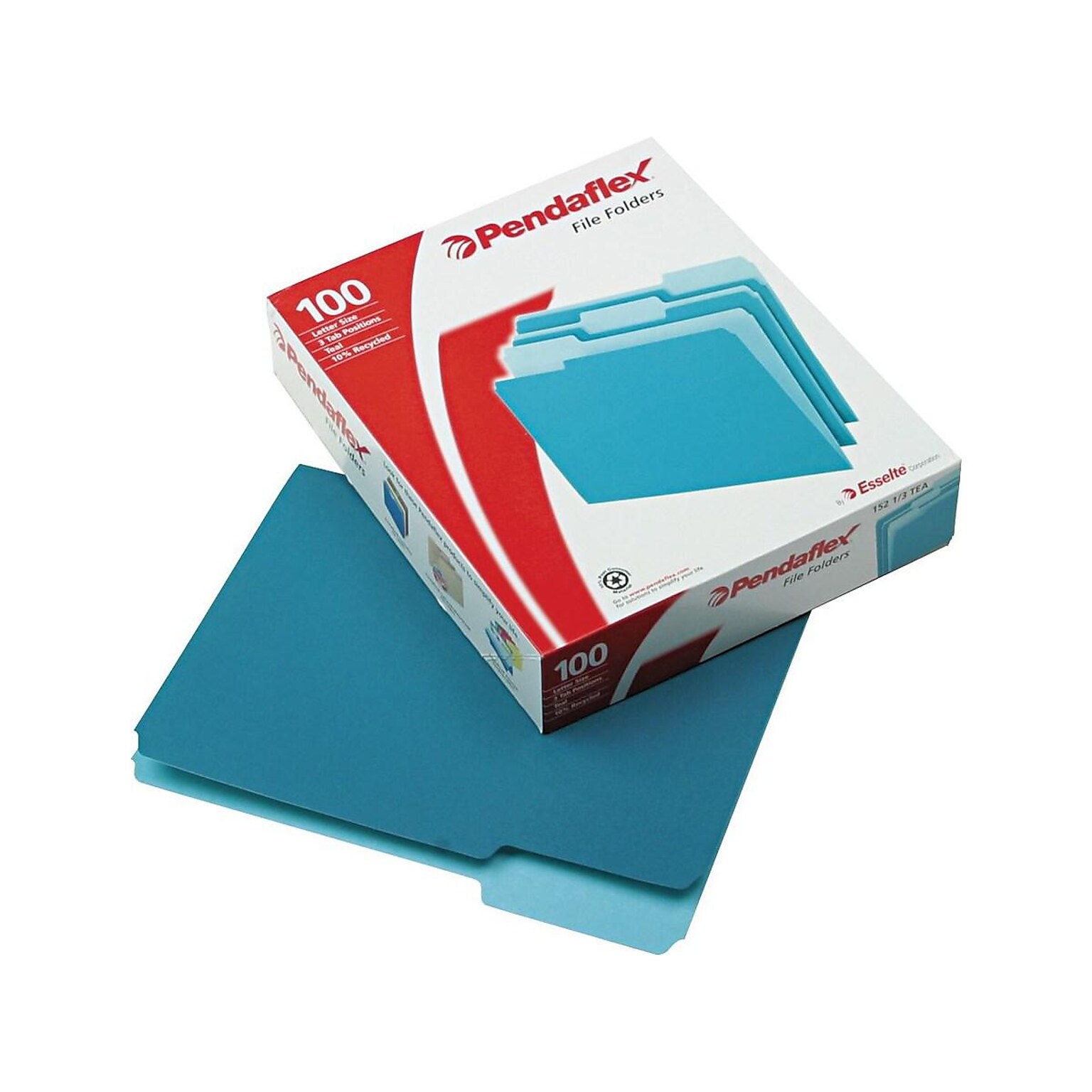 Pendaflex Two-Tone File Folders, 3-Tab, Letter Size, Teal, 100/Box (PFX 152 1/3 TEA)