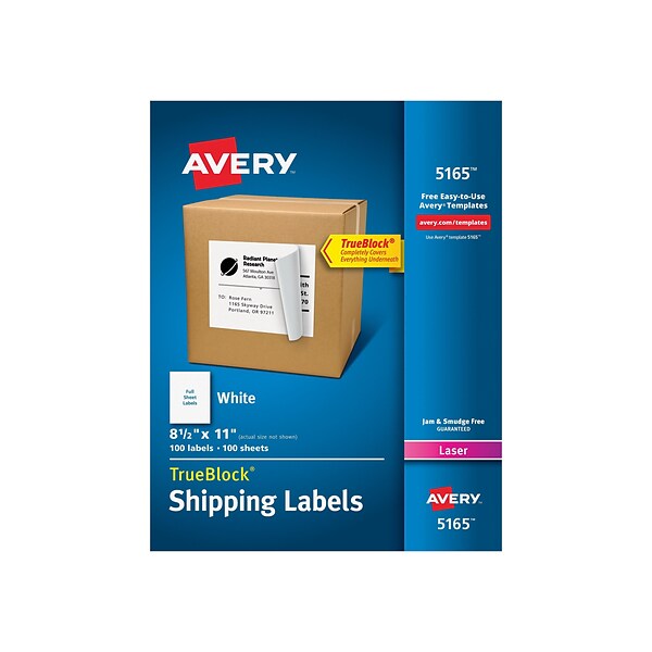 Avery TrueBlock Laser Shipping Labels, 8-1/2 x 11, White, 1 Label/Sheet, 100 Sheets/Box (5165)