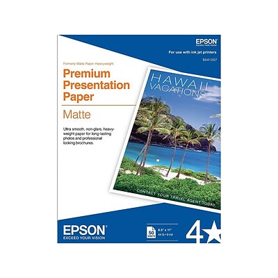 Epson Premium Matte Presentation Paper, 8.5 x 11, 50/Box (S041257)