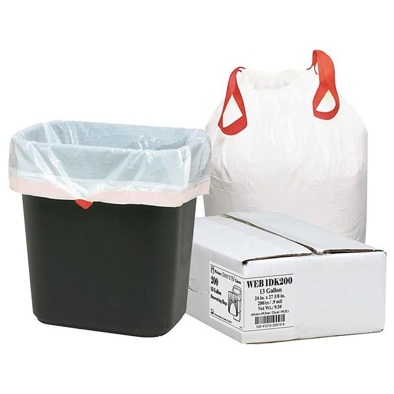 Berry Global Draw N Tie 13 Gallon Trash Bag, 24 x 27.38, Low Density, 0.9mil, White, 200 Bags/Box (1DK200)