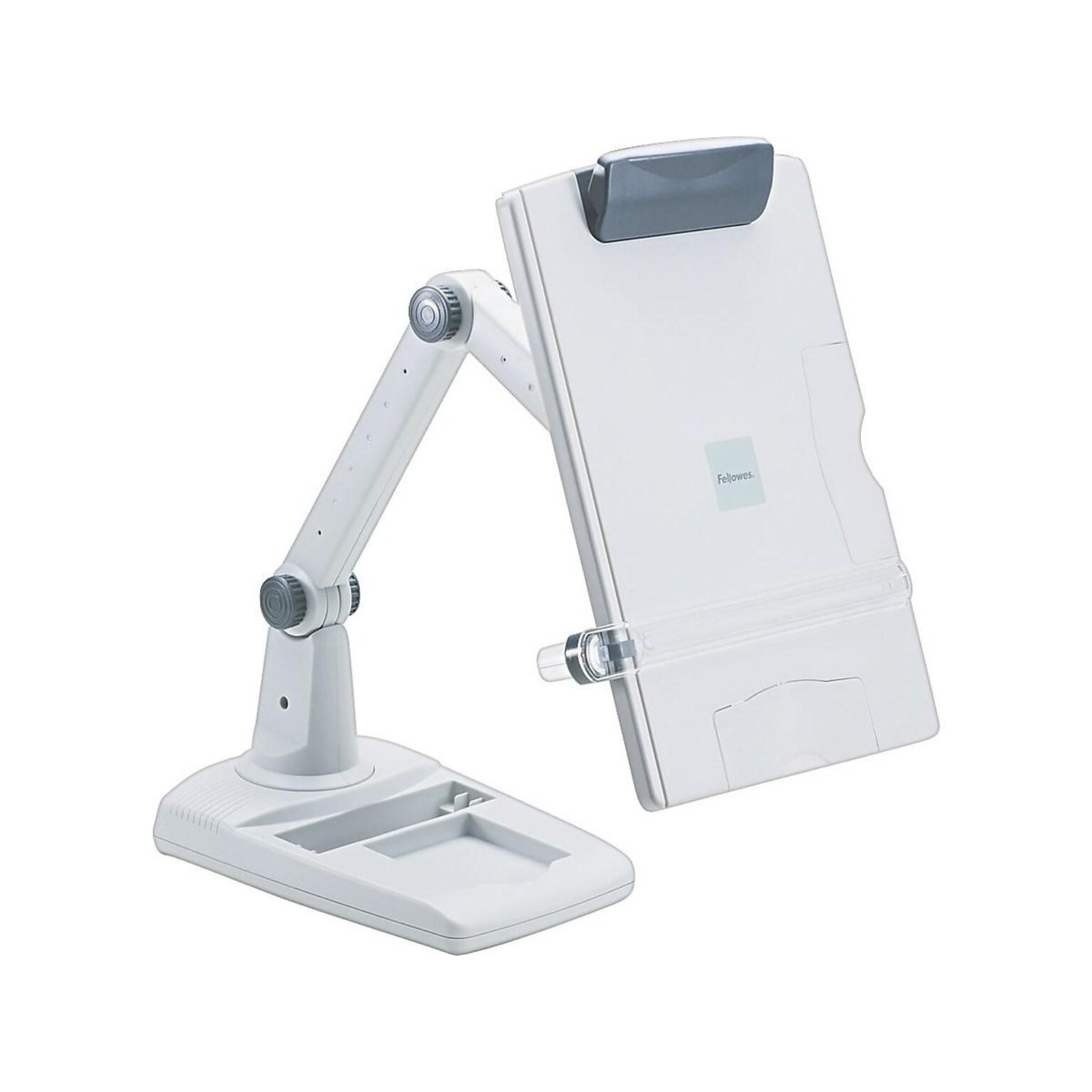 Fellowes Flex Arm Weighted Base Plastic Document Stand with Lip & Guide Bar, Platinum/Gray (21128)