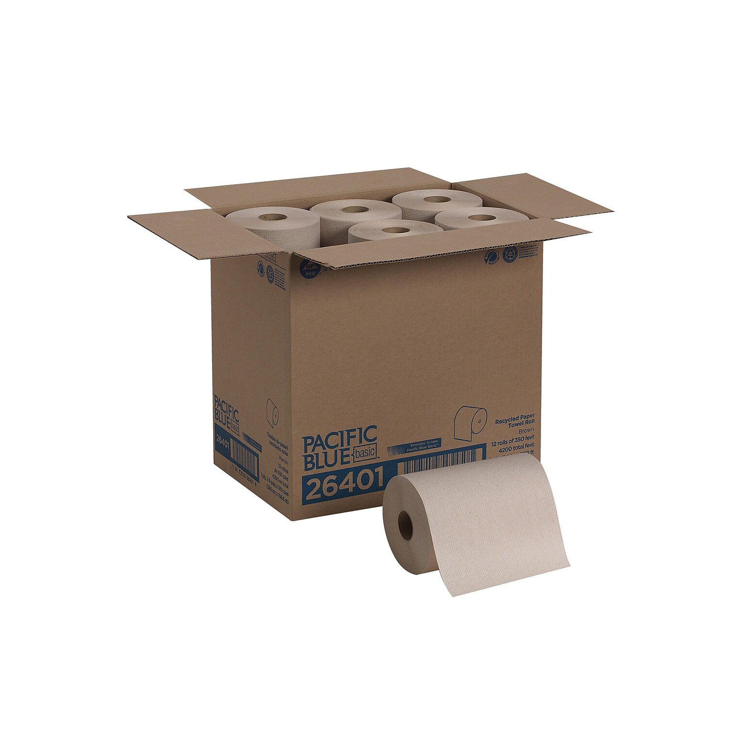 Pacific Blue Basic Recycled Hardwound Paper Towels, 1-ply, 580 ft./Roll, 12 Rolls/Carton (26401)