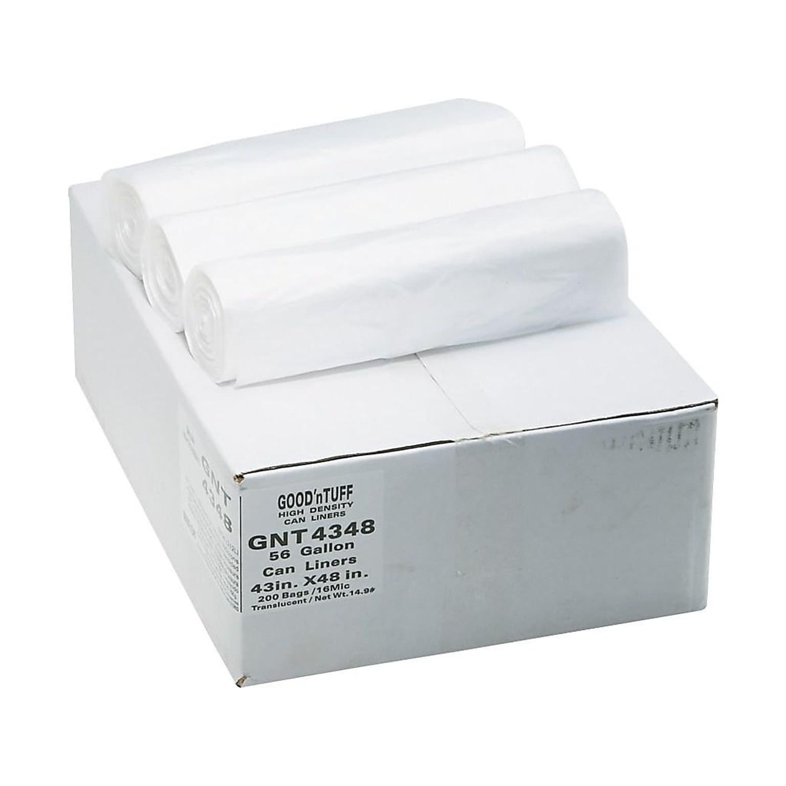 Berry Global GoodnTuff 56 Gallon Industrial Trash Bag, 43 x 48, High Density, 14 mic, Natural, 200 Bags/Box (GNT4348)