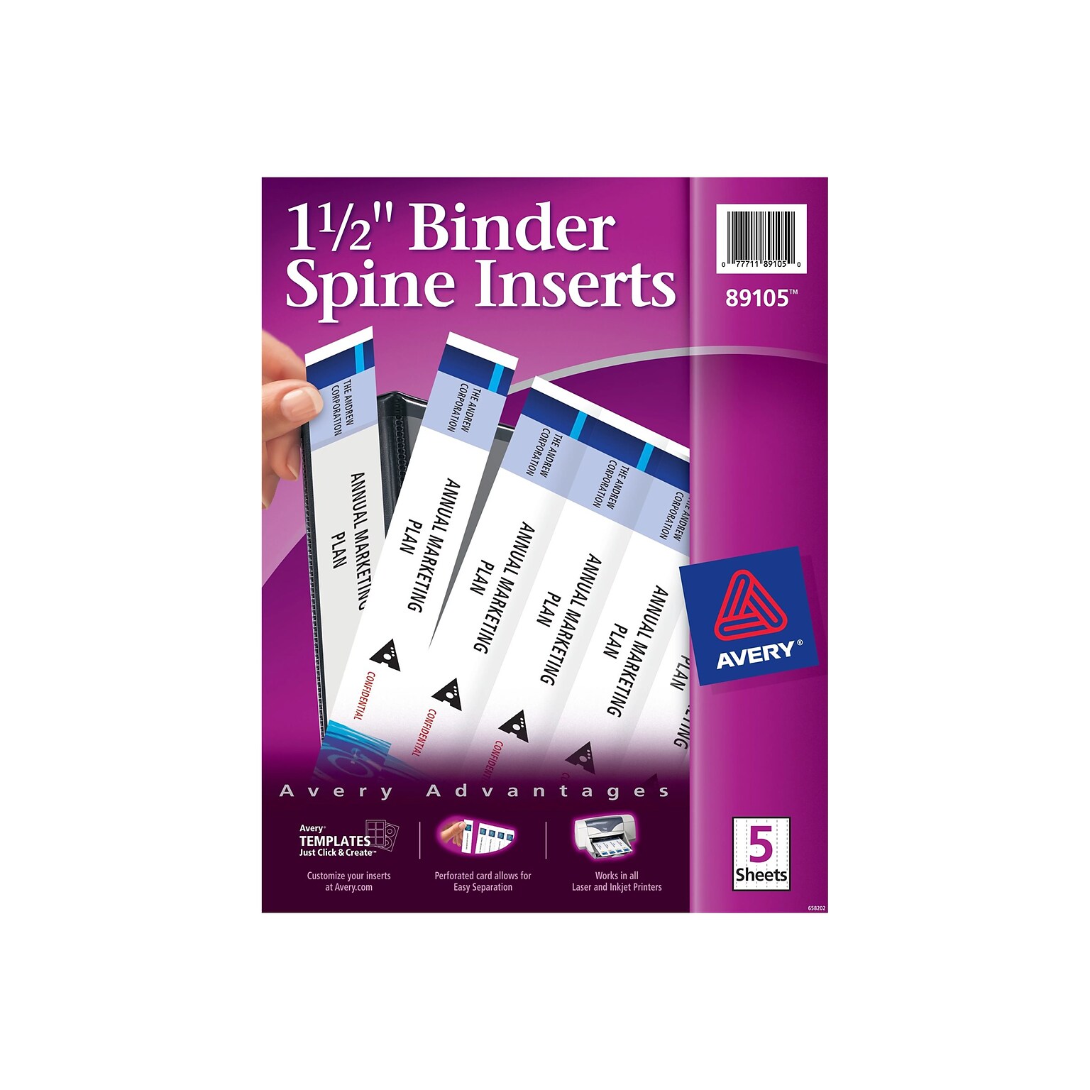 Avery Binder Spine Inserts, 1.5 Spine Width, White, 5 Inserts/Sheet, 5 Sheets/Pack (89105)