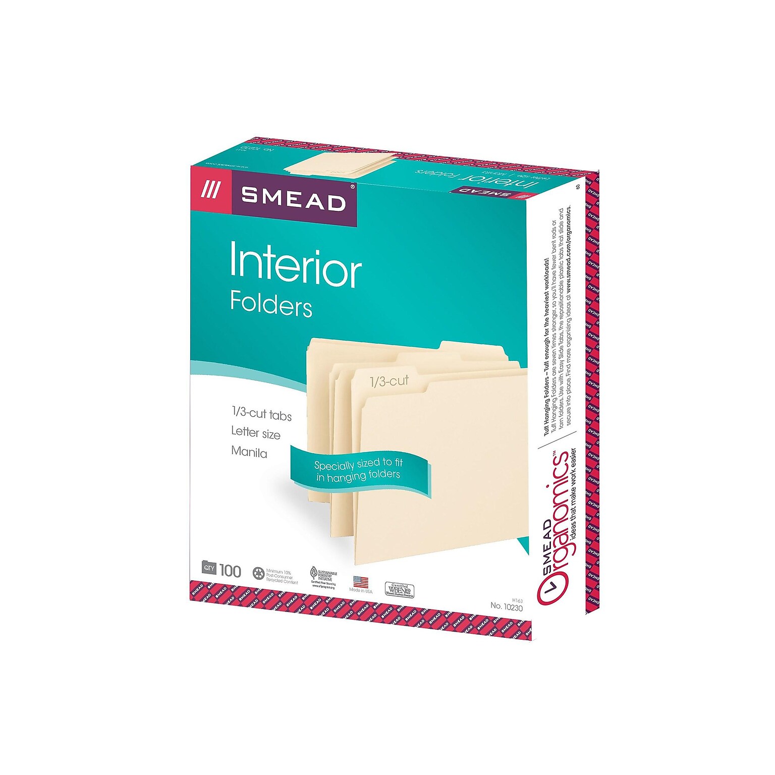 Smead Interior File Folders, 1/3-Cut Tab, Letter Size, Manila, 100/Box (10230)