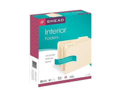 Smead Interior File Folders, 1/3-Cut Tab, Letter Size, Manila, 100/Box (10230)