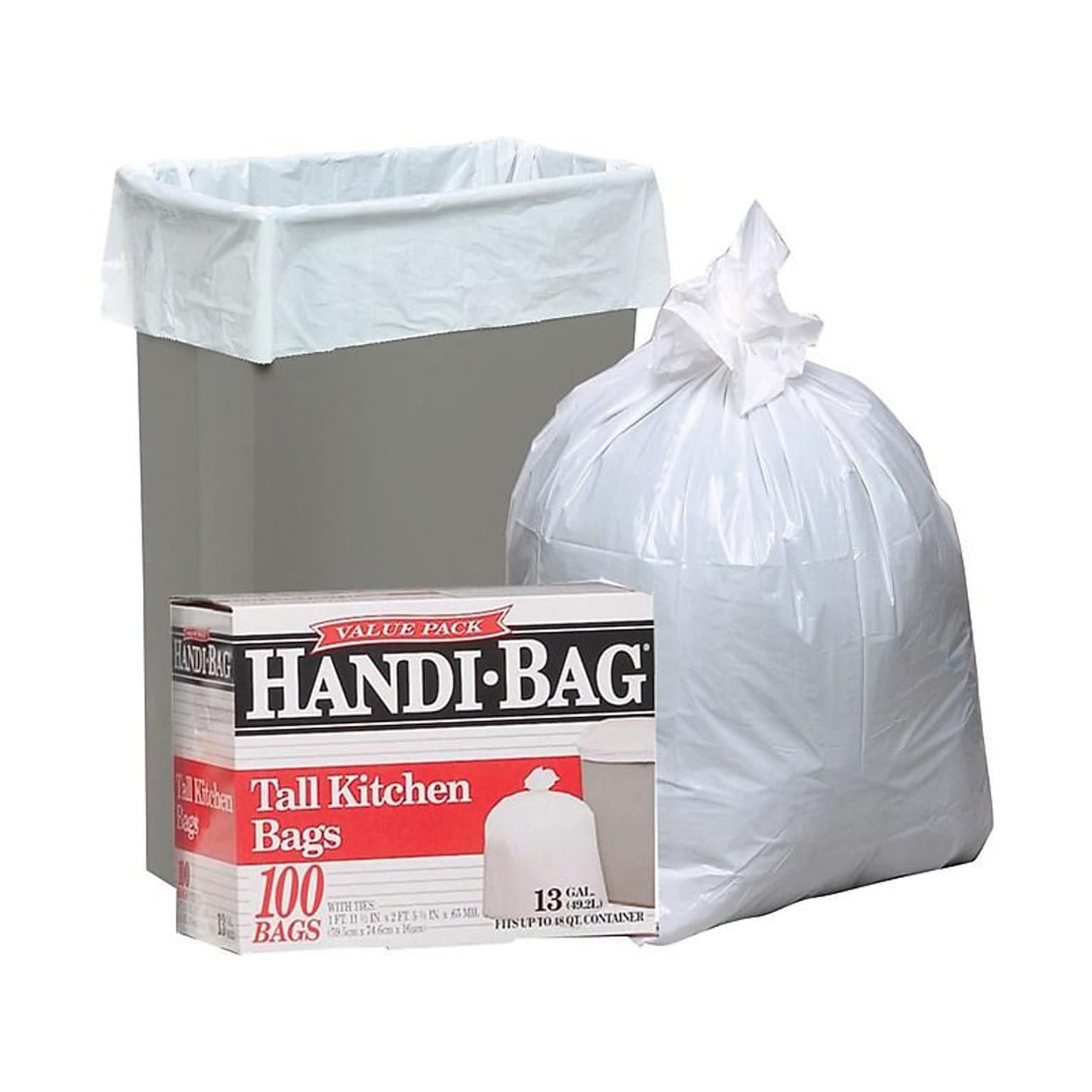Berry Global Handi-Bag 13 Gallon Trash Bag, 23.75 x 28, Low Density, 0.6 mil, White, 100 Bags/Box (HAB6FK100)