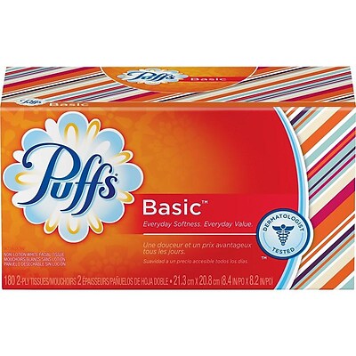 Puffs Basic Standard Facial Tissue, 2-Ply, 180 Sheets/Box (84736/34457)