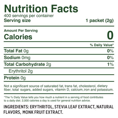 Whole Earth, Stevia Leaf and Monk Fruit Natural Sweetener Blend, 2-Gram Packets, 400/Carton (NUT00145)