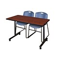 Regency Kobe 42 x 24 Mobile Training Table- Cherry & 2 Zeng Stack Chairs- Blue [MKTRCC42CH44BE]