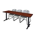 Regency Cain 84 x 24 Training Table- Cherry & 3 Zeng Stack Chairs- Grey