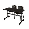 Regency Kobe 48 Flip Top Mobile Training Table- Mocha Walnut & 2 M Stack Chairs- Black