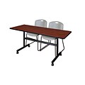 Regency Kobe 60 Flip Top Mobile Training Table- Cherry & 2 Zeng Stack Chairs- Gray (MKFT6024CH44GY)