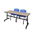 Regency Kobe 72 Flip Top Mobile Training Table- Beige & 2 M Stack Chairs- Blue