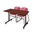 Regency Kobe 42 x 24 Mobile Training Table- Cherry & 2 Zeng Stack Chairs- Burgundy [MKTRCC42CH44BY]