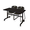 Regency Kobe 48 Flip Top Mobile Training Table- Mocha Walnut & 2 Zeng Stack Chairs- Black (MKFT4824MW44BK)