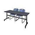 Regency Kobe 72 Flip Top Mobile Training Table- Gray & 2 Zeng Stack Chairs- Blue (MKFT7224GY44BE)