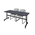 Regency Kobe 72 Flip Top Mobile Training Table- Gray & 2 Zeng Stack Chairs- Gray (MKFT7224GY44GY)