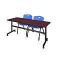 Regency Kobe 72 Flip Top Mobile Training Table- Mahogany & 2 M Stack Chairs- Blue