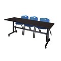 Regency Kobe 84 Flip Top Mobile Training Table- Mocha Walnut & 3 M Stack Chairs- Blue