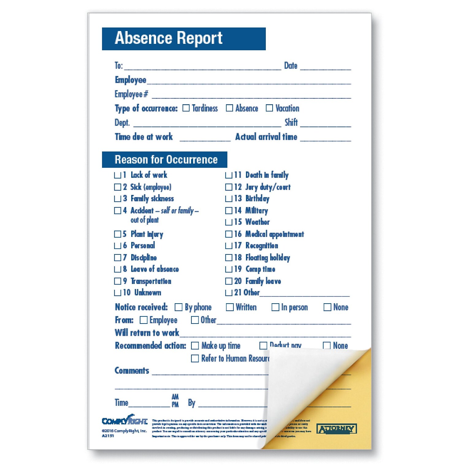 ComplyRight Compact 2-Part Absence Report, Pack of 50 (A2151)