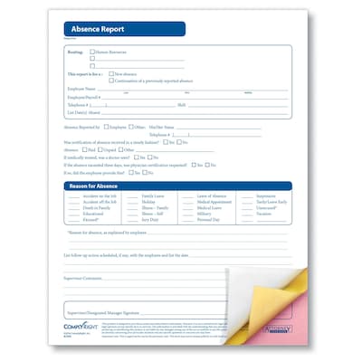 ComplyRight Absence Report, 3-Part, Pack of 50 (A2250)