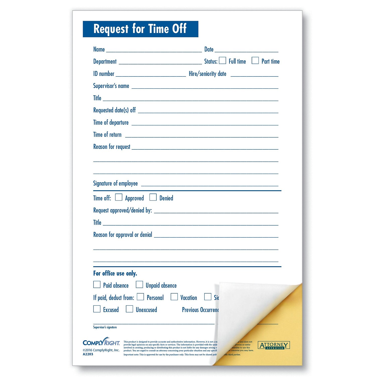 ComplyRight 2 Part Small Request for Time Off, Pack of 50 (A2203)