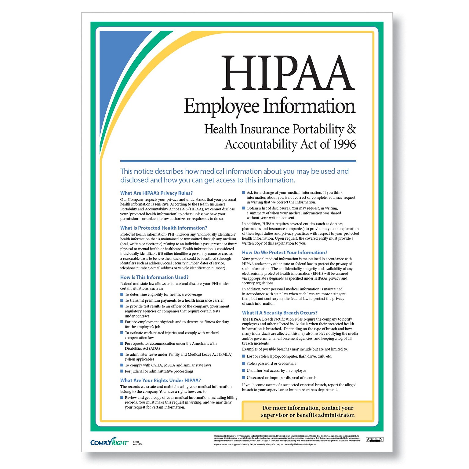 ComplyRight HIPAA Employee Information Poster, 17 X 24 (A0953)