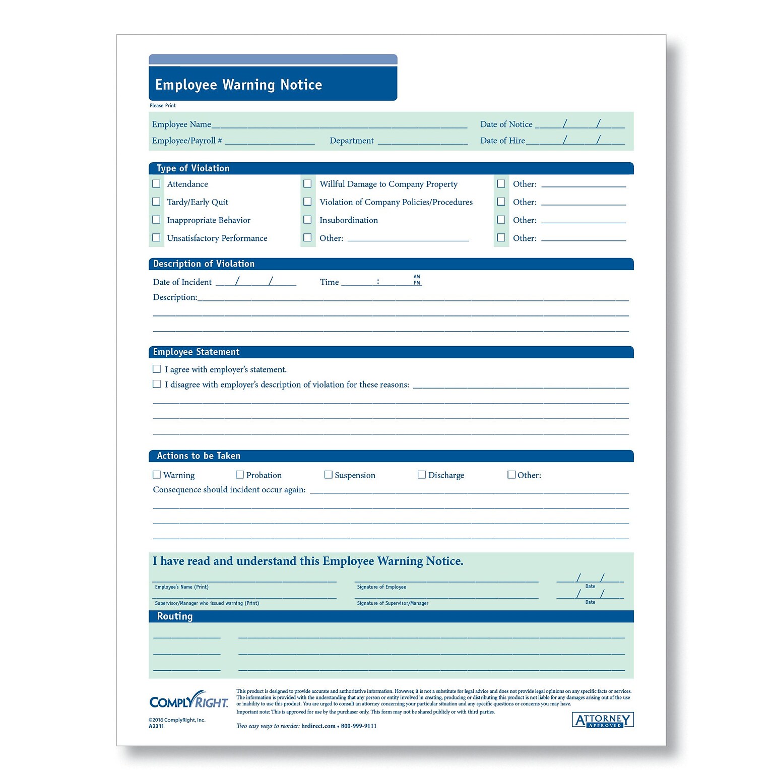ComplyRight Employee Warning Notice, Pack of 50 (A2311)