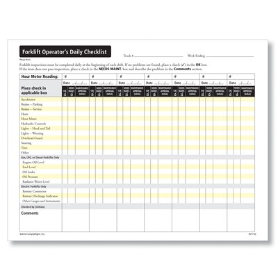 ComplyRight Forklift Operators Daily Checklist , Pack of 50 (W1732)