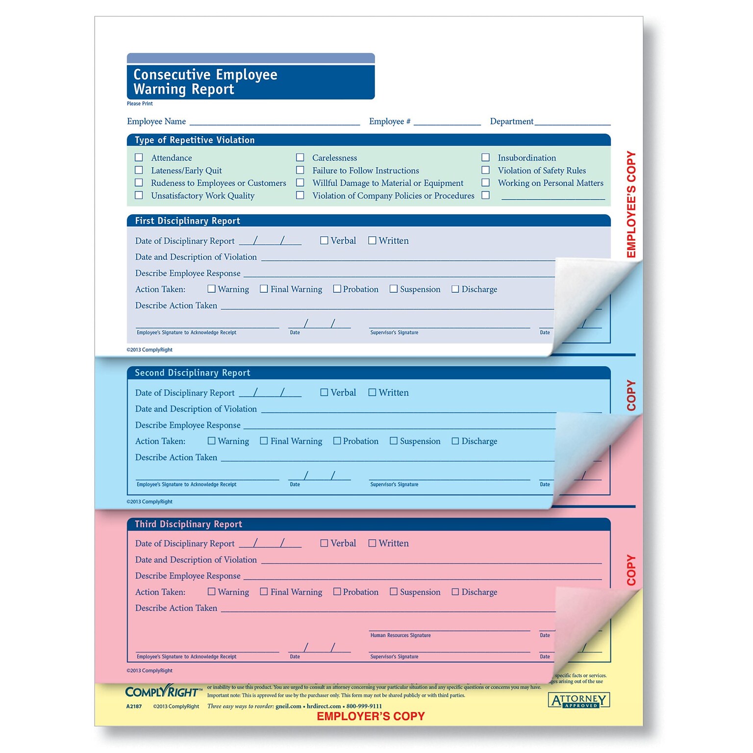 ComplyRight Consecutive Employee Warning Report, 4-Part, 50 Forms/Pack (A2187)