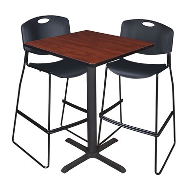 Regency Cain 30 Square Cafe Table- Cherry & 2 Zeng Stack Stools- Black