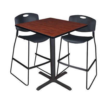 Regency Cain 36 Square Cafe Table- Cherry & 2 Zeng Stack Stools- Black