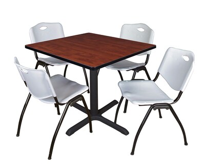 Regency Cain 36 Square Breakroom Table- Cherry & 4 M Stack Chairs- Grey