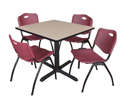 Regency Cain 42 Square Breakroom Table- Beige & 4 M Stack Chairs- Burgundy