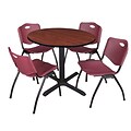 Regency Cain 42 Round Breakroom Table- Cherry & 4 M Stack Chairs- Burgundy