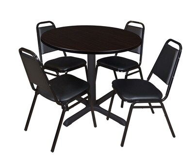 Regency Cain 42 Round Breakroom Table- Mocha Walnut & 4 Restaurant Stack Chairs- Black