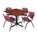 Regency Cain 48 Square Breakroom Table- Cherry & 4 M Stack Chairs- Burgundy