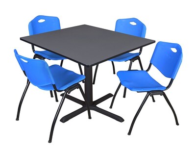 Regency Cain 48 Square Breakroom Table- Grey & 4 M Stack Chairs- Blue