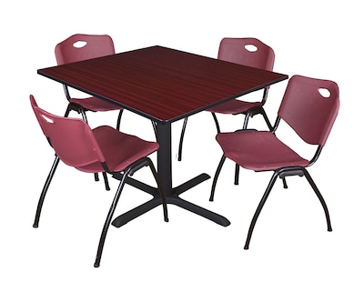 Regency Cain 48 Square Breakroom Table- Mahogany & 4 M Stack Chairs- Burgundy