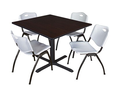 Regency Cain 48 Square Breakroom Table- Mocha Walnut & 4 M Stack Chairs- Grey