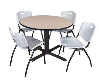 Regency Cain 48 Round Breakroom Table- Beige & 4 M Stack Chairs- Grey