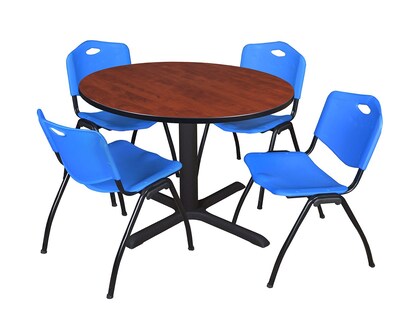 Regency Cain 48 Round Breakroom Table- Cherry & 4 M Stack Chairs- Blue