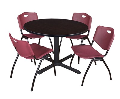 Regency Cain 48 Round Breakroom Table- Mocha Walnut & 4 M Stack Chairs- Burgundy
