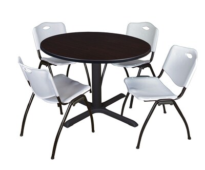 Regency Cain 48 Round Breakroom Table- Mocha Walnut & 4 M Stack Chairs- Grey