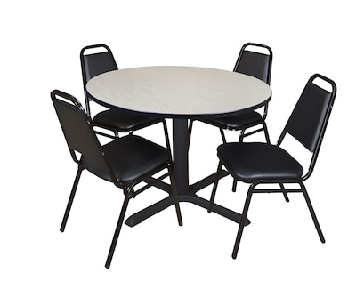 Regency Cain 48" Round Breakroom Table- Maple & 4 Restaurant Stack Chairs- Black