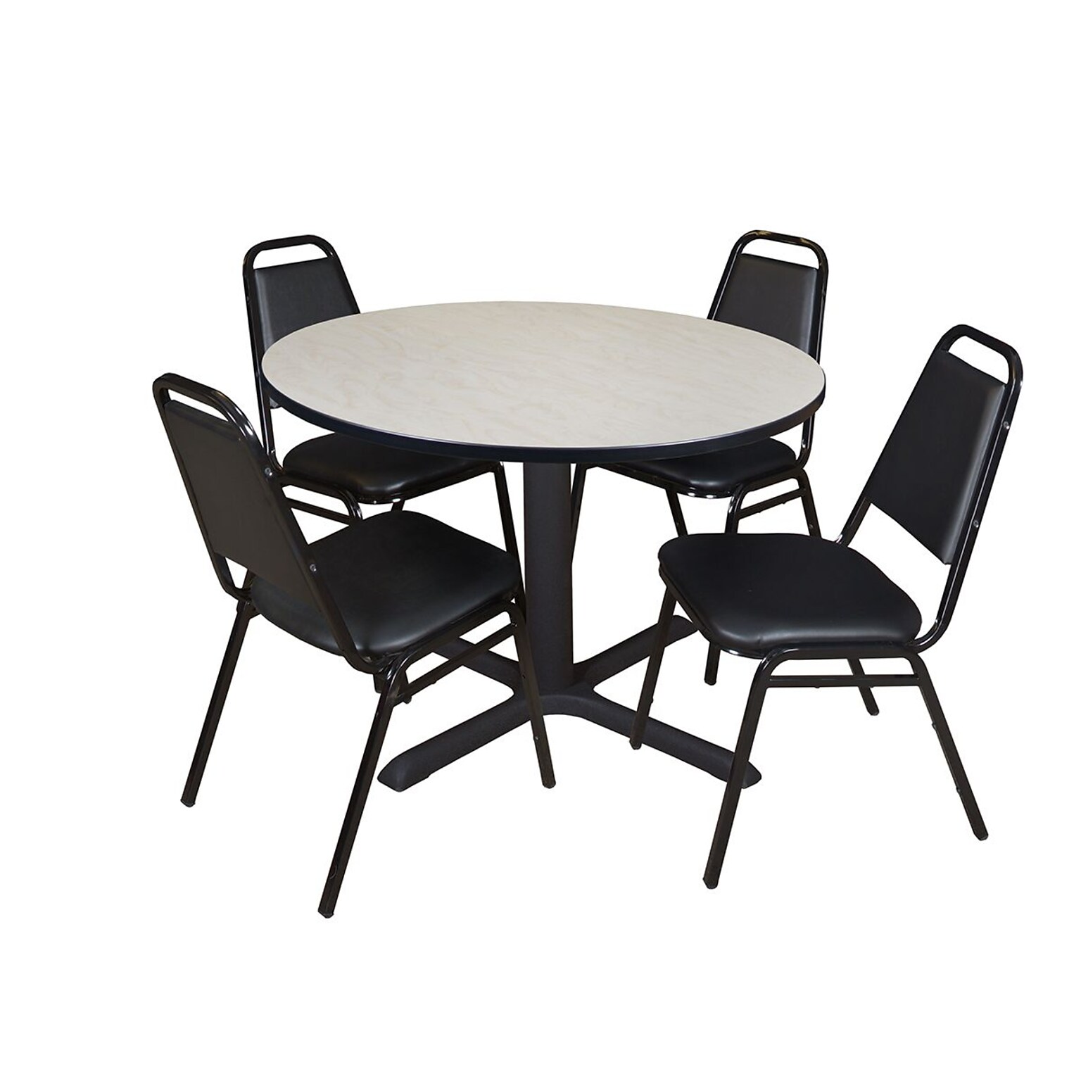 Regency Cain 48 Round Breakroom Table- Maple & 4 Restaurant Stack Chairs- Black