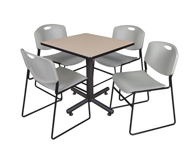 Regency Kobe 30 Square Breakroom Table- Beige & 4 Zeng Stack Chairs- Grey