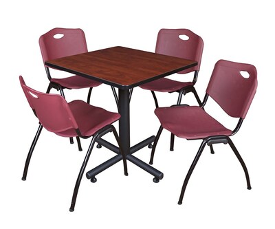 Regency Kobe 30 Square Breakroom Table- Cherry & 4 M Stack Chairs- Burgundy